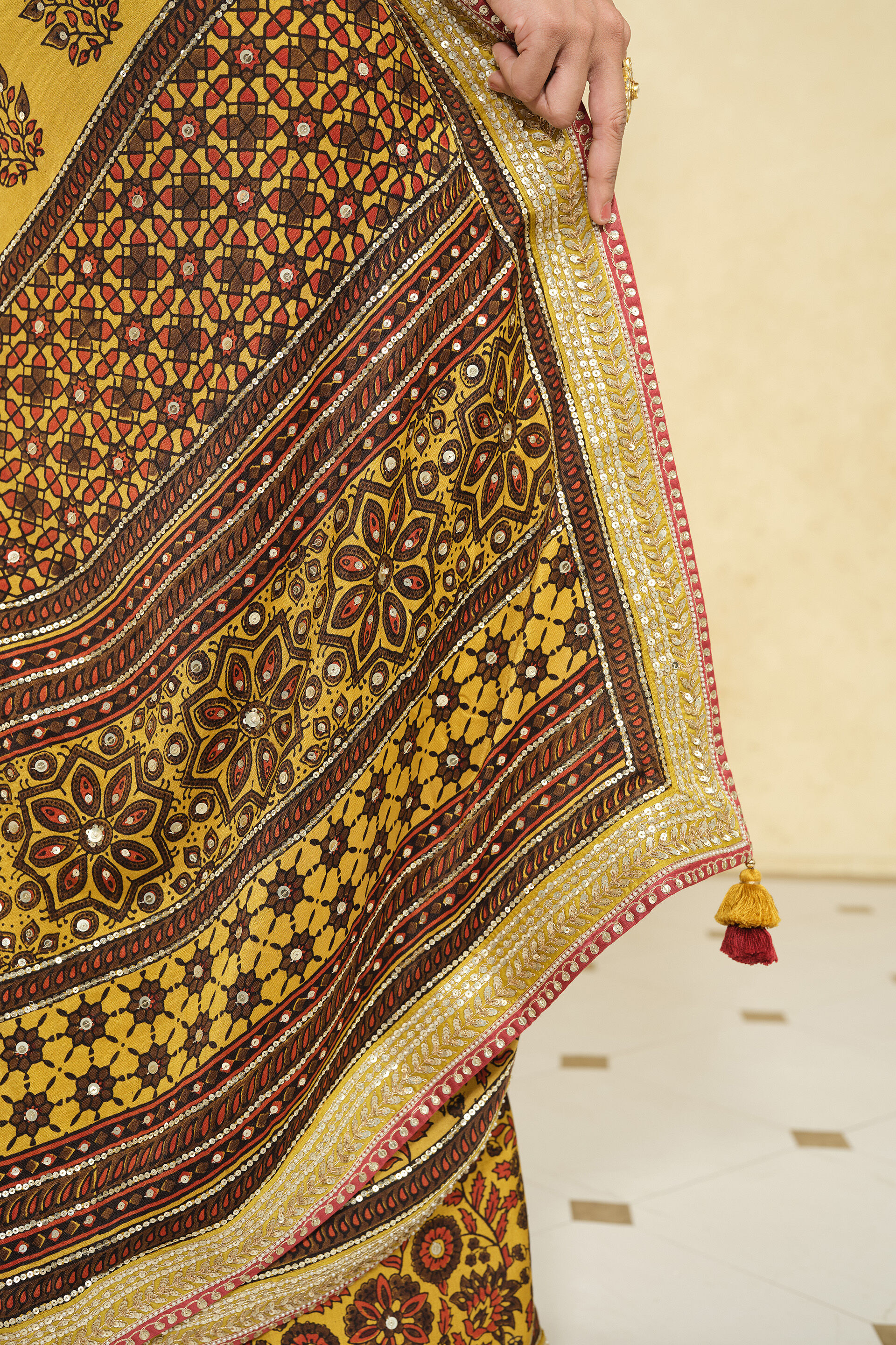 Kasano Ajrakh Hand-block Printed Silk Saree - Mustard, Mustard, image 7